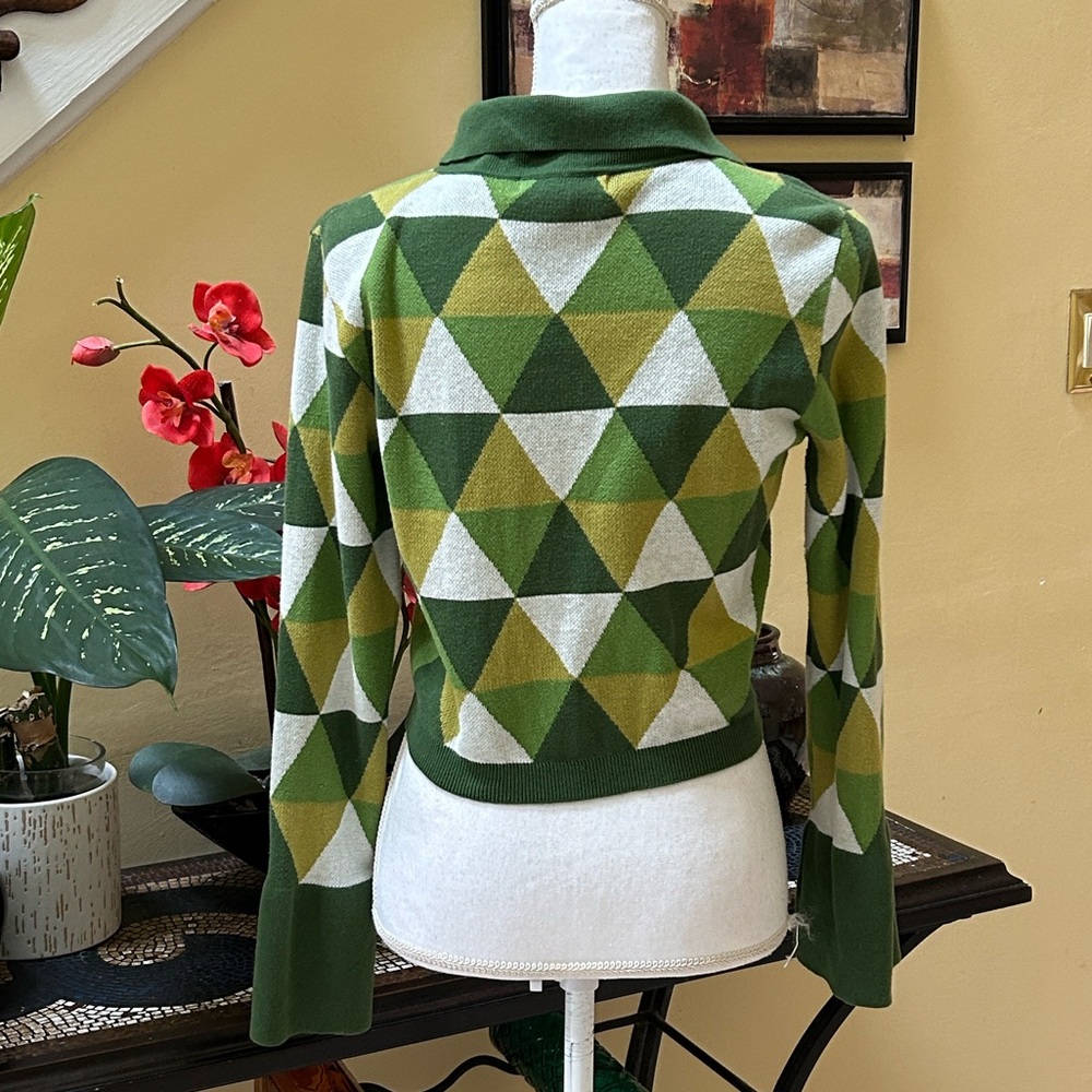 Urban Outfitters Women’s Geometric Green White Long Sleeve Crop Cotton Shirt Lrg - Picture 11 of 16